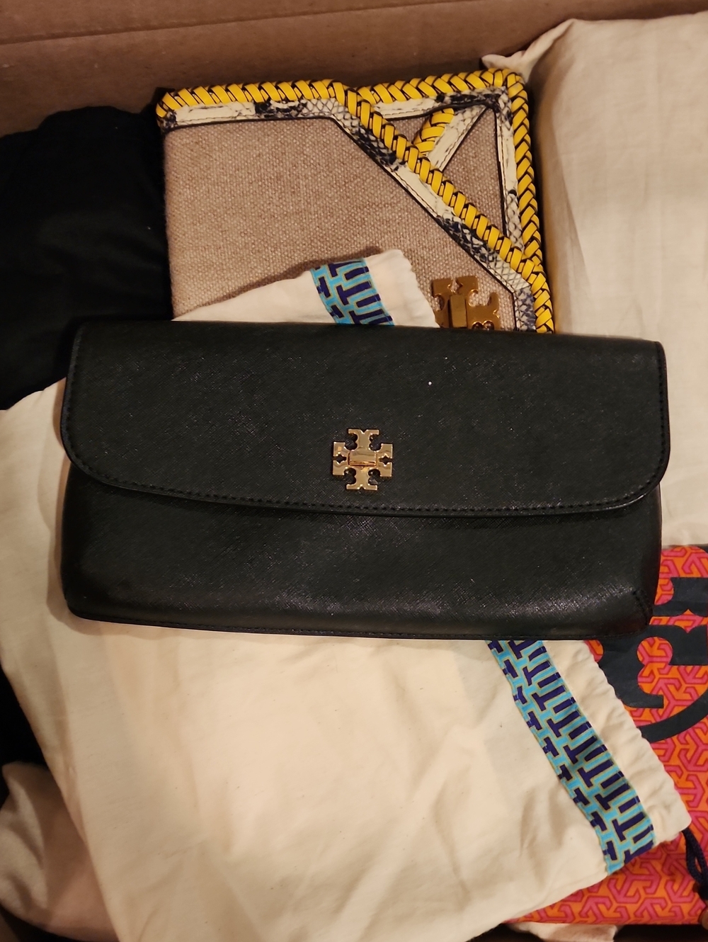 Tory Burch Black Saffiano Leather Envelope Clutch with Gold Logo